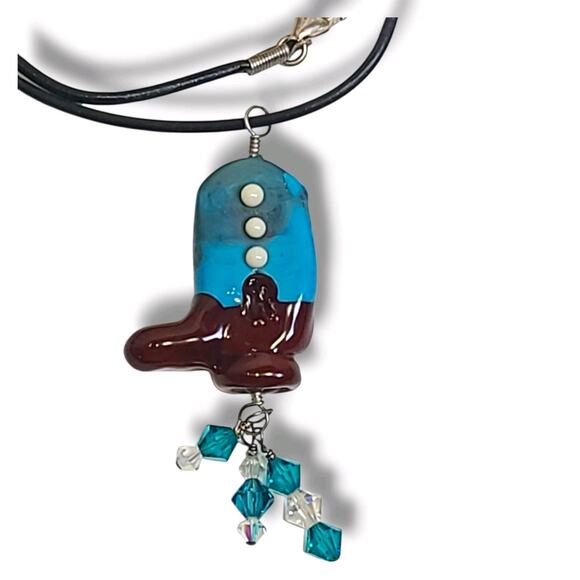 Artisan Jewelry - Lampwork Glass‎ Cowboy Boot Pendant Necklace Leather Cord Sterling Silver Clasp
